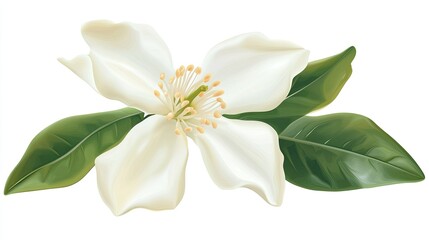 Obraz premium Elegant White Flower with Green Leaves Isolated on a White Background, Perfect for Nature-Themed Designs, Floral Arrangements, or Graphic Illustrations