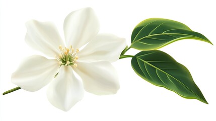 Elegant White Flower with Green Leaves Isolated on White Background, Symbolizing Purity, Beauty, and Freshness for Various Design Projects and Nature Themes