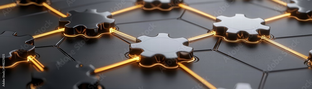 Poster abstract close-up of connected gears with glowing outlines on a modern black background, futuristic 