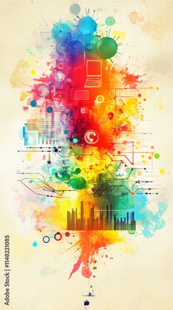 Poster a colorful drawing of a tree with many different shapes and colors. the tree is made up of many diff