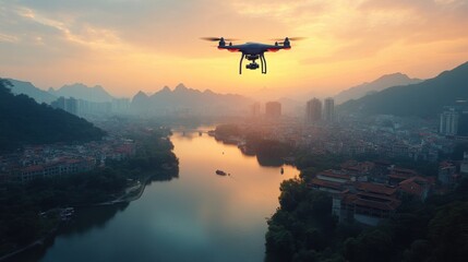Fototapeta premium Drone captures breathtaking sunset over city, river, and mountains. Serenity!