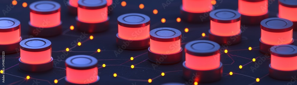 Poster abstract view of glowing red circular objects on a dark surface, resembling electronic components or