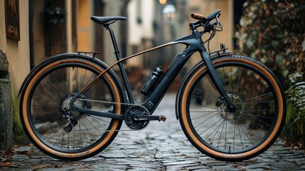Fototapeta premium Sleek Electric Bicycle on Cobblestone Street; Urban Exploration