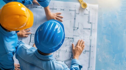 Two workers in safety helmets examine architectural blueprints, collaborating on a construction project.
