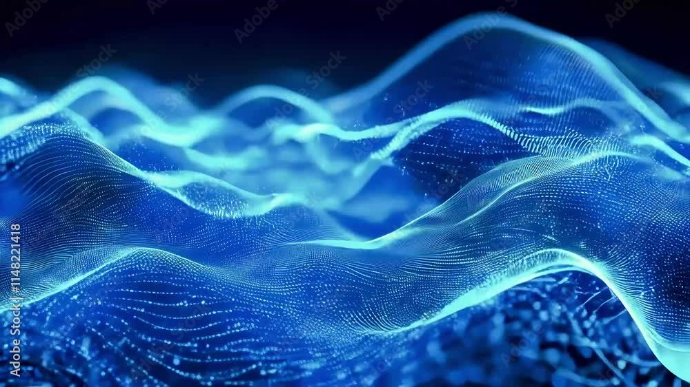 Poster abstract, glowing blue waves with gridlines and bokeh.