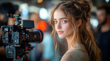 Stunning model, captivating gaze, film set backdrop.  A cinematic moment frozen in time.