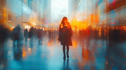 Woman Walking Through A Modern City At Night