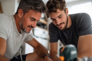 Obraz premium This image showcases two men, one older and one younger, working together intently on a woodworking project, highlighting collaboration and craftsmanship in their workshop.