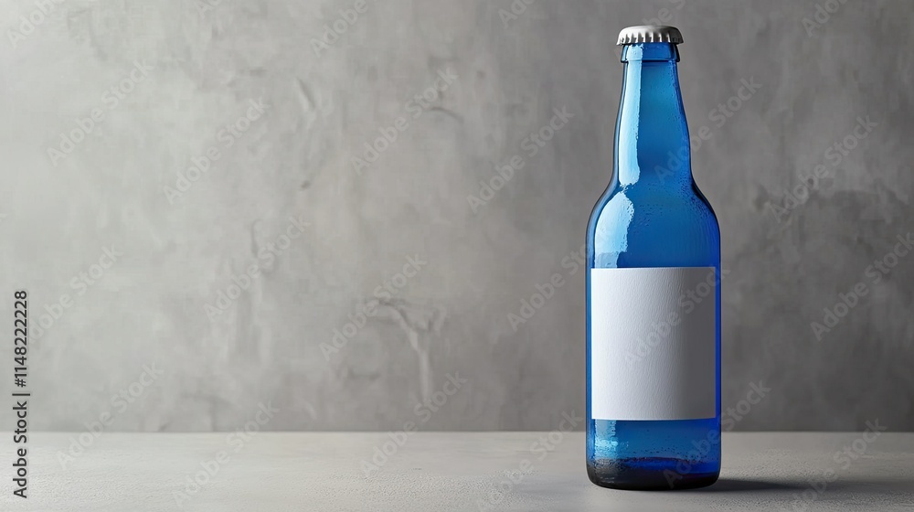 Poster blue glass bottle isolated on textured background with blank label ready for customization or brandi