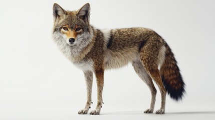 Fototapeta premium Realistic depiction of a standing coyote showcasing its characteristic features, vibrant fur, and striking expression against a neutral background for wildlife enthusiasts and nature lovers.