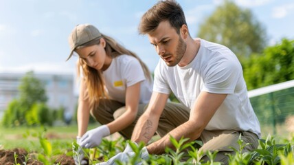 Two individuals are gardening together, focused on planting young seedlings in a lush green environment under a bright sky.