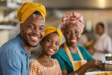 A joyful family engages in cooking together, showcasing smiles and traditional attire in a vibrant kitchen setting.