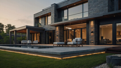 Obraz premium Modern Residence with Infinity Pool and Patio at Dusk