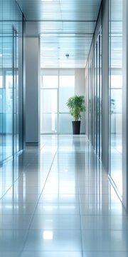 A long, empty hallway with a potted plant in the middle. The plant is a small green tree with a black pot