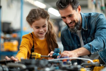 A father and daughter happily work together on a hands-on project in a workshop, engaging with tools and fostering creativity.