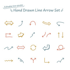線の編集が可能なベクターデータ。手描きのいろいろな矢印のカラフルなラインアイコンセット