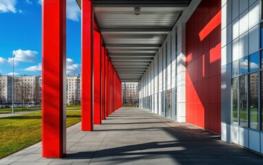 The entrance of a modern Russian college campus building, emphasizing red and white metal columns, steel beams, and brutalist design elements