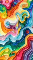 Psychedelic paper cutouts, swirling patterns, vibrant hues, lots of copy space.