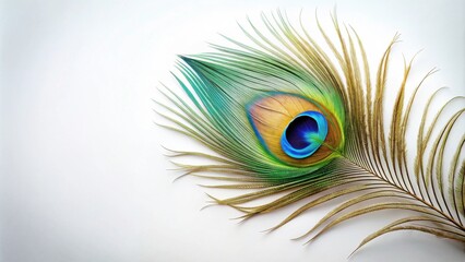 Obraz premium A Single Vibrant Peacock Feather on a White Background