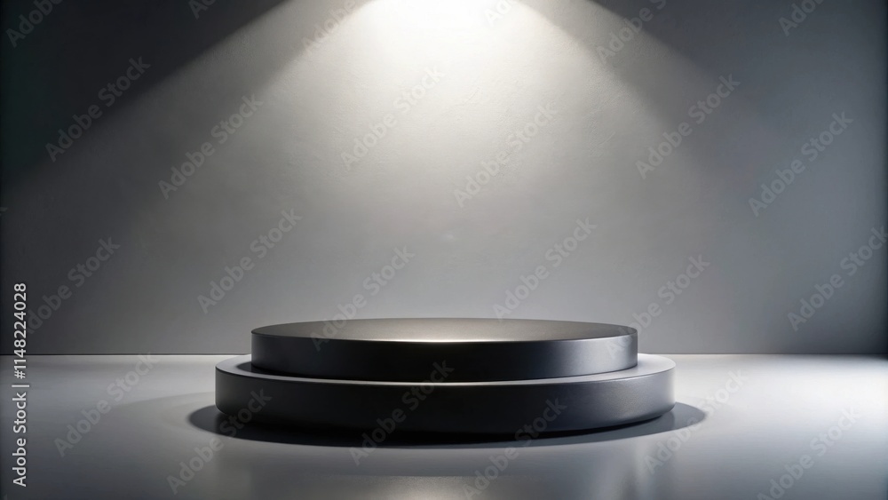 Poster dark grey circular platform illuminated by a spotlight