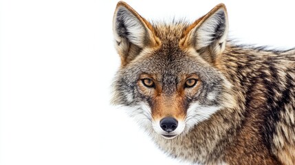 Fototapeta premium Close-up Image of a Coyote with Striking Features and Textured Fur on a White Background, Capturing the Wild Essence and Natural Beauty of North American Wildlife
