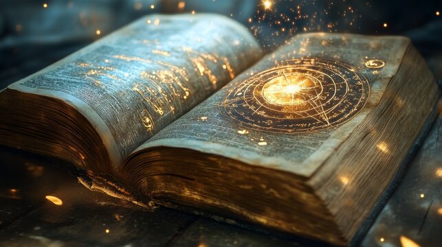 Glowing diagram of a natal chart and an open magic book