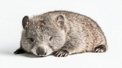 Obraz premium Close-up Portrait of a Soft and Fluffy Wombat Lying on a White Background, Capturing the Unique Features and Expressions of This Adorable Australian Animal