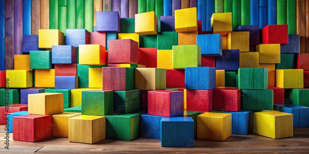 Poster a vibrant collection of colorful wooden blocks arranged in a dynamic, abstract pattern on a wooden s