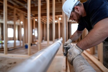 A skilled worker carefully installing plumbing pipes at a construction site, showcasing craftsmanship, precision, and the importance of infrastructure in modern buildings.