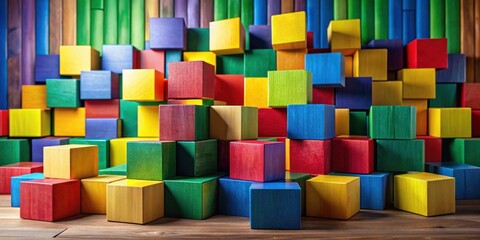 A vibrant collection of colorful wooden blocks arranged in a dynamic, abstract pattern on a wooden surface
