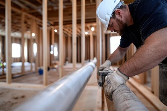 A skilled worker carefully installing plumbing pipes at a construction site, showcasing craftsmanship, precision, and the importance of infrastructure in modern buildings.