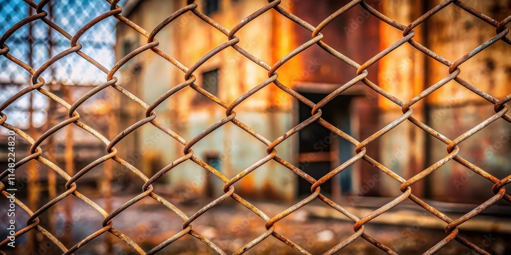 Aufkleber Rusty Chain Link Fence in Front of a Weathered Structure