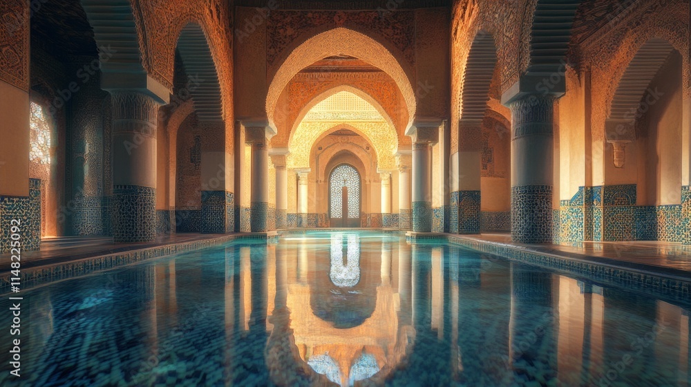 Poster a large pool with a reflection of the arches above it. the pool is surrounded by a wall with arches