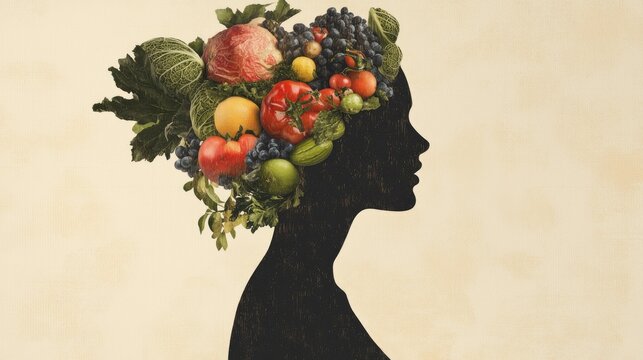 Naklejki Creative Silhouette of a Woman's Profile Filled with Vibrant Fruits and Vegetables, Representing Health, Nutrition, and Natural Beauty in a Unique Artistic Style