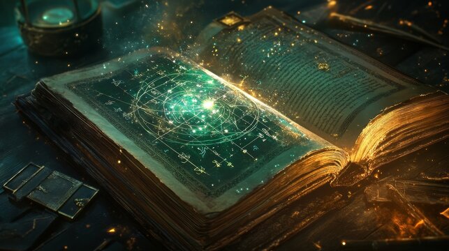Glowing diagram of a natal chart and an open magic book