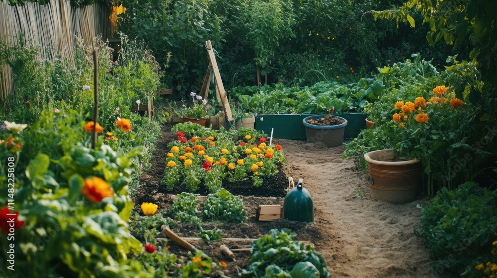 Poster garden tools and vibrant flowers complement vegetable rows in a lush home garden during early summer
