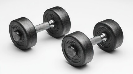 Pair of black rubber coated dumbbells on white background.
