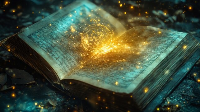 Glowing diagram of a natal chart and an open magic book