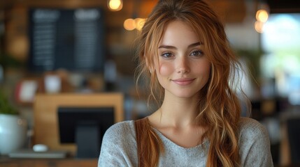 Fototapeta premium Redhead woman smiles gently in a cafe, bokeh background.