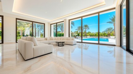 Elegant Modern Living Room with Large Windows and Pool View