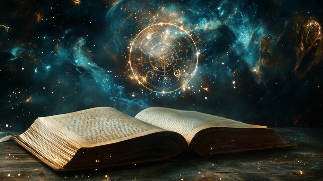 Glowing diagram of a natal chart and an open magic book