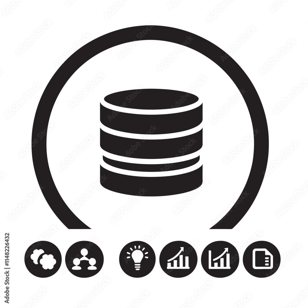 Aufkleber database icon with growth charts.