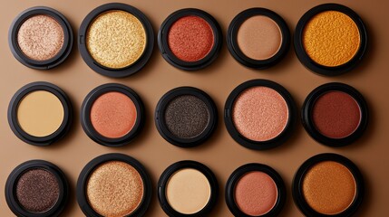 Makeup products realistic vector illustration. Face cosmetics on brown background in rounded frames. Advertising mock up, beauty banner template for online store, offers and branding.