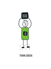 Vector hand drawn cartoon sketch of boy supporting Environmentally friendly planet concept.Think Green.