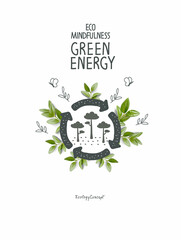 Cartoon sketch illustration sign of green energy. Trees in the forest. Environmentally friendly planet concept. Think Green. Protect the World from pollution concept.