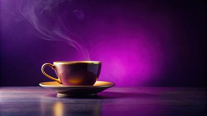 Obraz premium Aromatic steam rises from a dark purple teacup on a saucer against a vibrant purple backdrop
