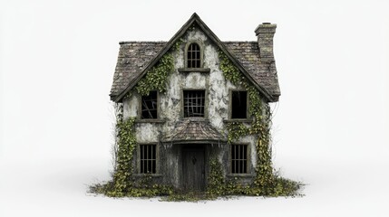 Fototapeta premium Abandoned House Overgrown with Ivy and Mold, Standing Alone in a Bleak Environment, Eliciting Feelings of Nostalgia and Mystery, Perfect for Artistic Projects