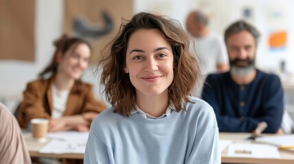 Fototapeta premium A smiling woman in a casual sweater sits in a creative workshop, surrounded by engaged individuals, conveying a sense of community and inspiration.