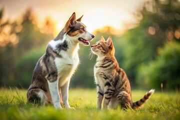Minimalist Dog Cat Outdoor Play: Cute Pets Friendship, Happy Animals Together