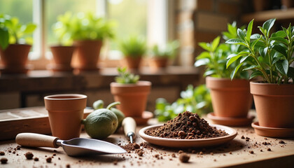  Indoor Gardening with Terracotta Pots and Soil in Rustic Setting